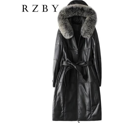 Jacket Leather Womens for Winter 2021New Big Fox Fur Collar White Duck Down Coat Sheepskin Chaqueta Slim Long With Hood RZBY223