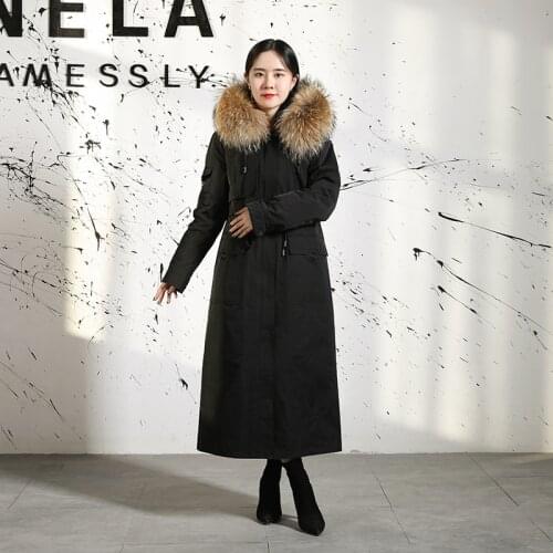 2019 Women Warm Real Fox Fur Coat Jacket Raccoon Fur Collar Natural Parkas Rabbit Fur Liner Coat Parkas Long Outerwear
