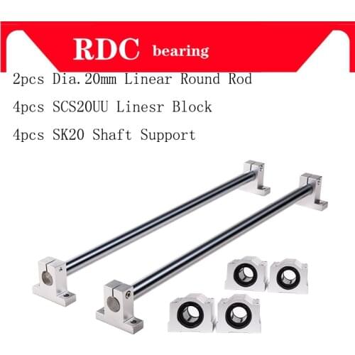 Linear Round Rod 20mm chrome plated linear motion rail rod shaft+ SCS20UU Linear Slide Bearing Block +SK20 Shaft Support