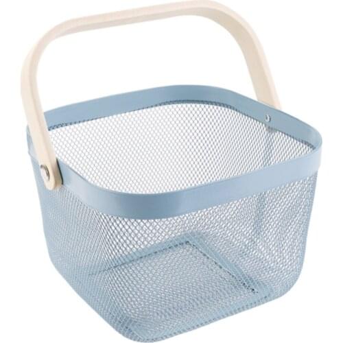 1 Pcs Multi-functional Hanging Storage Organizer Mesh Steel Fruit Basket Bin with Wood Handle for Home Storage Organizer