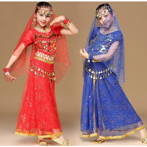 New Style Kids Belly Dance Indian Dance Costume Set Sari Bollywood Children Outfit Chiffon Belly Dance Performance Clothes Sets