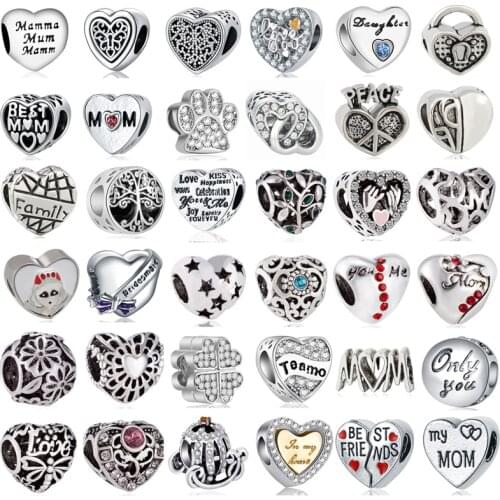 Heart Shape Dazzling Silver Color Girl Family Mum Mom of My Heart Charms DIY Beads Fit Original Pandora Charm Bracelet Jewelry