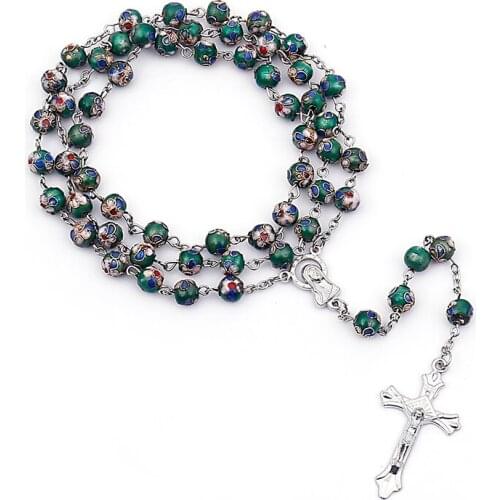 Jesus Cross Rosary Necklace Vintage Cross Pendant Catholic Necklace Gifts Wholesale Jewelry 2021 Trend Cloisonne Copper Bead