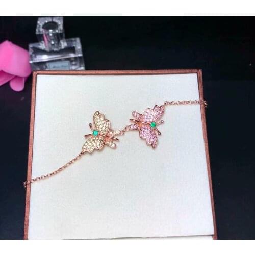 Butterfly green gemstone necklace for women ornament couple butterfly means couple lovers real 925 silver rose gold color gift
