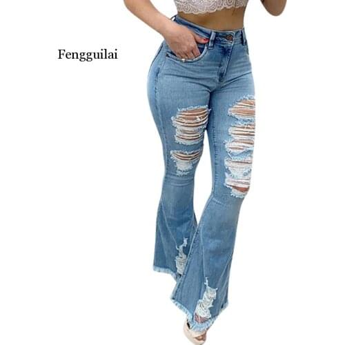 Women Flare Jeans Fashion Button Ripped Zipper Pocket Trousers Jeans Casual Denim Pants