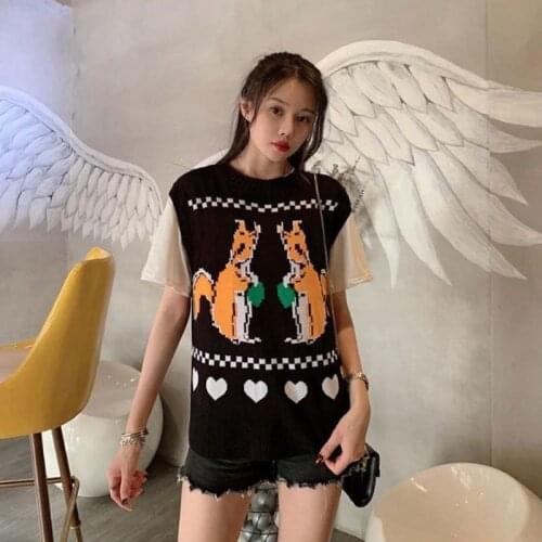 Vintage Women Sweater Vest 2021 Korean Style Fashion Squirrels Hearts Pattern Sleeveless Pullover Knit Tank Tops Waistcoat T646
