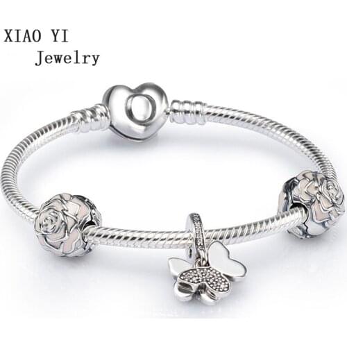 XIAOYI 100% s925 11 charm bracelet snake bone chain butterfly rose beaded pendant beaded bracelet original gift girl