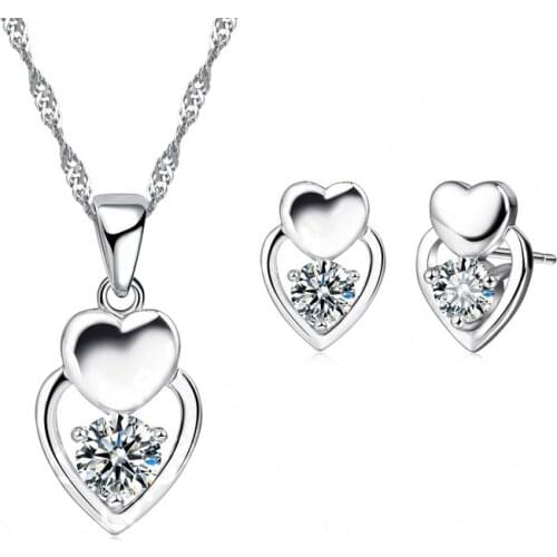 925 Sterling Silver Jewelry Set for Girls Women Gift Lovely Round AAA Zircon Double Hearts Pendant Necklace Stud Earrings