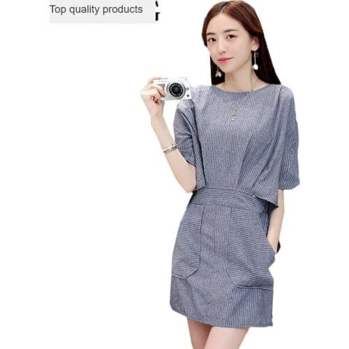 Summer Dress 2020 Women Elegant Striped Short Sleeve Dress Female Irregular Fake Tow Pieces Sexy Party Dresses Vestidos LX150