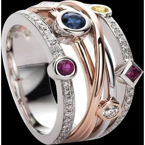 Exquisite 925 Sterling Silver Lady Cross Two Color 18K Rose Gold Gem Ring Fashion Sapphire Amethyst Diamond Ring size 5-11