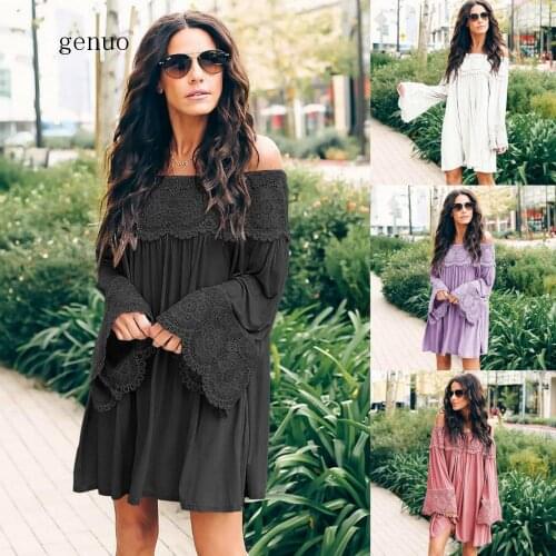 Women Lace Chiffon Summer Dress Slash Neck Long Flare Sleeve Solid Loose Large Size Womens Clothing Spring Summer Dress