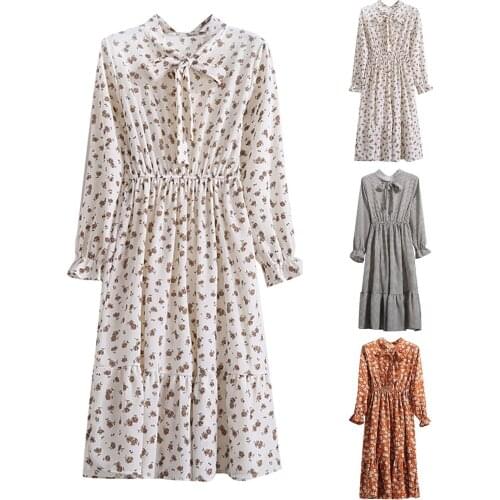 Women Bowknot Nack Bottoming Dress Slim Long-sleeved Elastic Waist Mid-length Floral Dress Spring Autumn Elegant Ladies Dresses