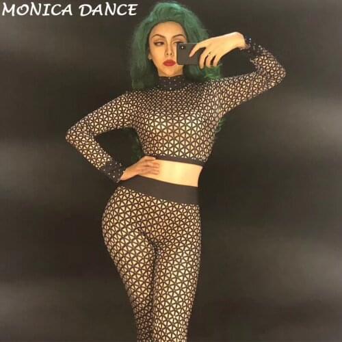Women Sexy Black Net DJ Jumpsuit Sparkling Crystals Bodysuit Nightclub Party Stage Wear Dancer Singer Show Bling Dance Costume