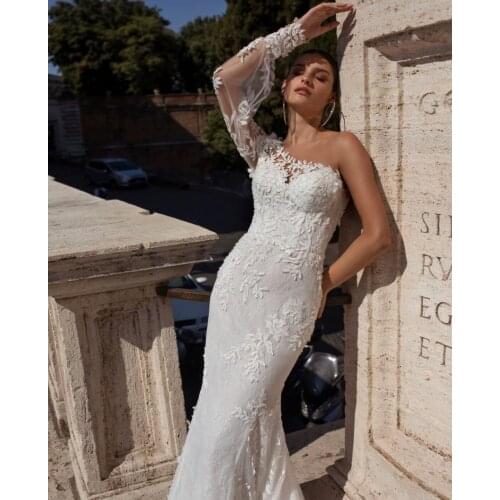 Wedding Dress Mermaid Lantern Sleeve Lace Appliques Sequined Backless Tulle Floor Length Sweep Train Gorgeous Bride Gown 2021