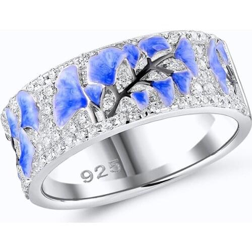 Women Jewelry Exquisite Elegant Blue Flower Silver Ring Zircon Crystal Bride Engagement Wedding Rings