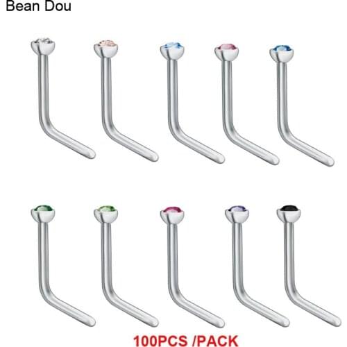 100pcs Wholesale Nose Studs Nose Rings Piercing Jewelry 0.75mm Czech Stone Surgical Stainless Steel Mixed 10 Colors L Shape