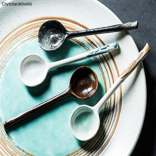 5PCS Japanese Creative Ceramic Soup Spoon With Long Handle Restaurant Household Eating Spoon Coffee Spoon Kitchen Supplies