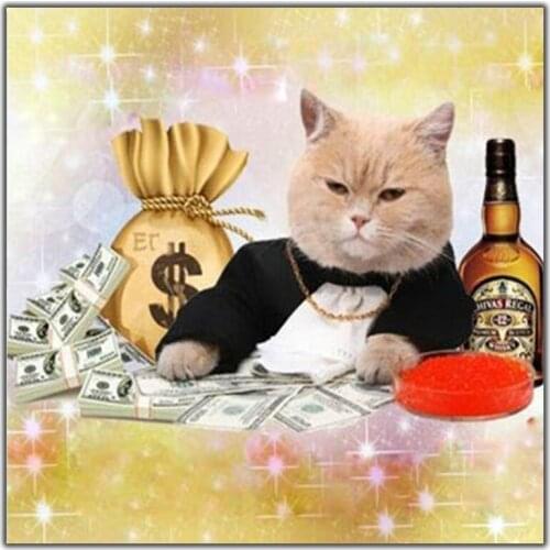 5D Diy Diamond Painting Cross Stitch Rich Cat Boss Needlework 3D Diamond Embroidery Full Round Mosaic Decoration Resin Stickers