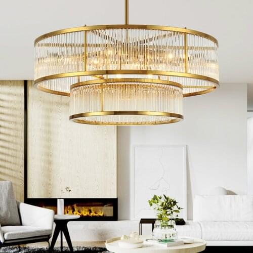 American RH Plate Metal Led E14 Pendant Lights 2 Layers Living Room Gold Lustre Led Pendant Lamp Rod Hanging Lamp Fixtures