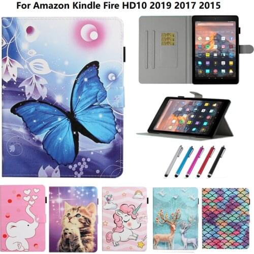 For Amazon Kindle Fire HD 10 Case 2017 2019 2015 10.1 inch Cover Cute Elephant Unicorn Butterfly Stand Funda HD 10 Leather Coque