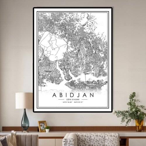 Black and White World City Map ABIDJAN Wall Art Canvas Poster Prints Nordic Style Paintings Picture for Living Room