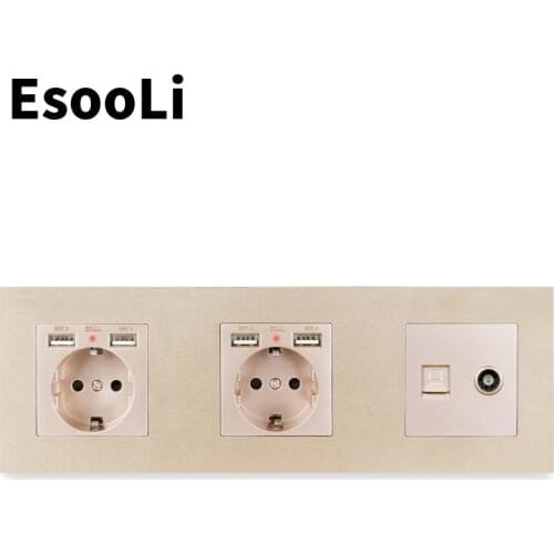 ESOOLI Gold Plastic Panel Dual EU Standard Electric Socket with 4 USB Charging Port Female TV Jack+Internet Computer Data RJ45