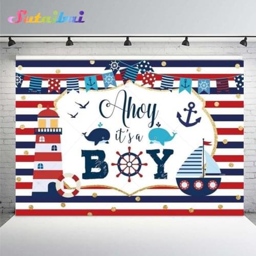 Ahoy Its A Boy Party Newborn Photography Backdrop Sailboat Nautical Baby Shower Background Decorations Blue Stripes Flag Banner