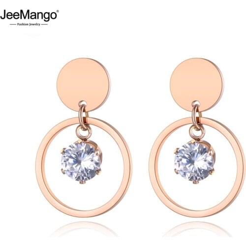 JeeMango Fashion OL Style Double Circle Stainless Steel Stud Earrings Rose Gold Handmade Crystals Ear Jewelry For Women JE19171