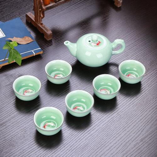 3D Celadon ceramics tea set Chinese Cover bowl teapot fish cup set Longquan celadon colored carp kung fu tea set