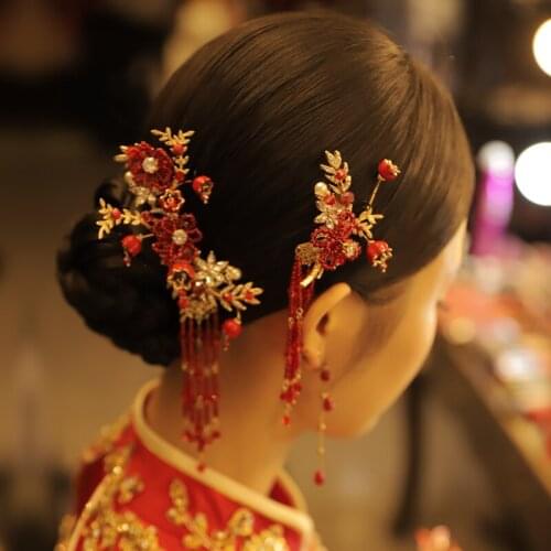 Chinese wedding red side clip earrings set antique bride show he clothing headdress toast clothing hair accessories