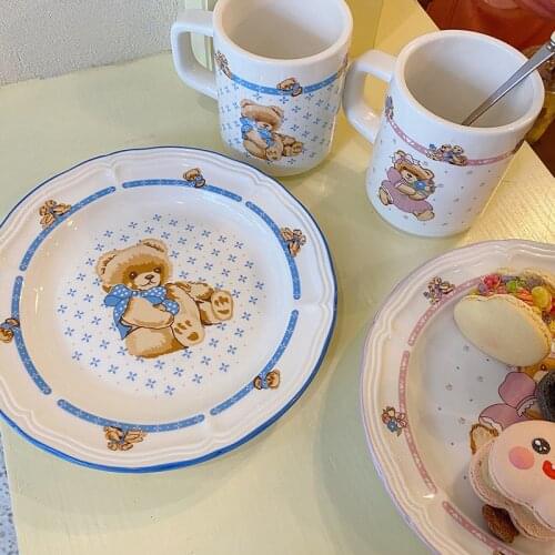 Korean Ins Bear Ceramic Plate Creative Household Dish Breakfast Cake Snack Plate Dinner Set Plates and Dishes Ceramic Plate