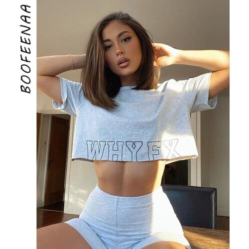 BOOFEENAA Crop Top Biker Shorts 2 Piece Set Tracksuit Sweat Suits Women Matching Sets Cotton Loungewear Short Suits C98-CC20