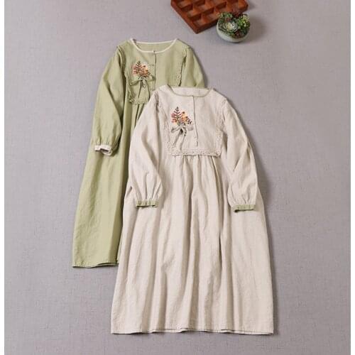 Mori Series Sweet Japanese Style Embroidery Flower Bow Decoration Long Sleeve Autumn Dress Women Loose Waist Dresses