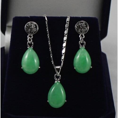 Wholesale nice gift 12*16mm green Natural jade silver plated earring & chain pendant jewelry set004