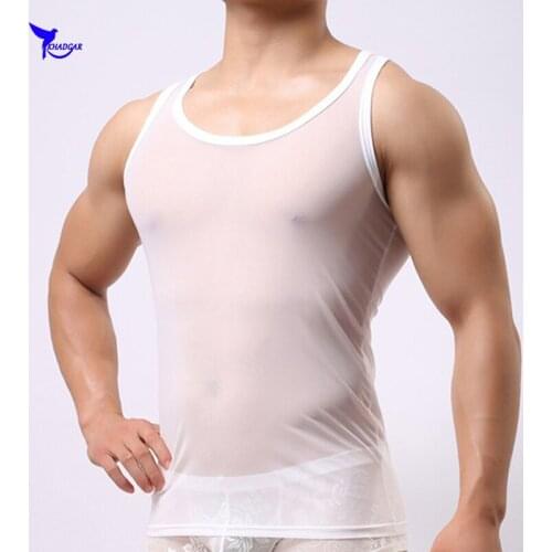See Through Men Summer Mesh Jogging Vest Breathable Running Tank Tops Sexy Costumes Lingeries Transparent Gym Fitness Undershirt