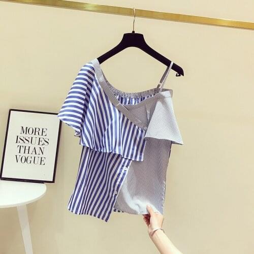 Sexy Off Shoulder Shirt Women 2021 Summer New Asymmetric Stripe Blouses Strap Short Top Girls Ladies All-Match Blusa Mujer