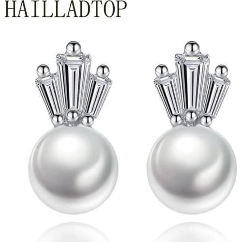 Fashion Elegant Stud Earrings Silver Plated Imitation Pearl Crown Silver Earrings Top Quality Cubic Zirconia Earrings Piercing