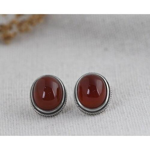 FNJ Natural Red Agate Stud Earrings 925 Silver Original Pure S925 Sterling Silver Earring Women Jewelry