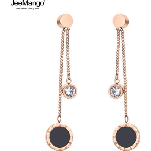 JeeMango Trendy Roman Numerals Tassel Earrings For Women Titanium Stainless Steel CZ Crystal Wedding Earrings Jewelry JE19125