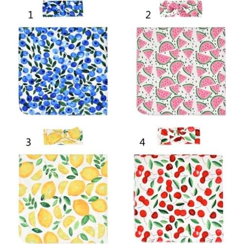 H3CD 2 Pcs/Set Newborn Baby Receiving Blanket Headband Set Infant Fruit Printed Wrap