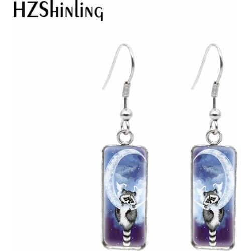 2021 New Night Moon Flower Raccoon Rectangular Earring Animal Painting Fish Hook Earrings Glass Cabochon Handmade Jewelry