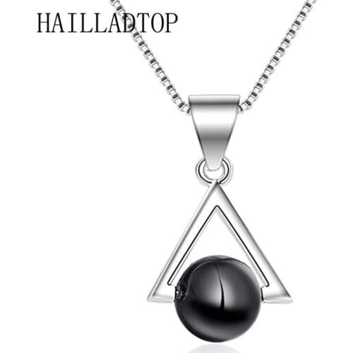 Agate Triangle Silvering Pendant Necklace Black Ball Pearl Elegant Drop Pendant Top Jewelry Trendy Gem Chain OL Charm Classic