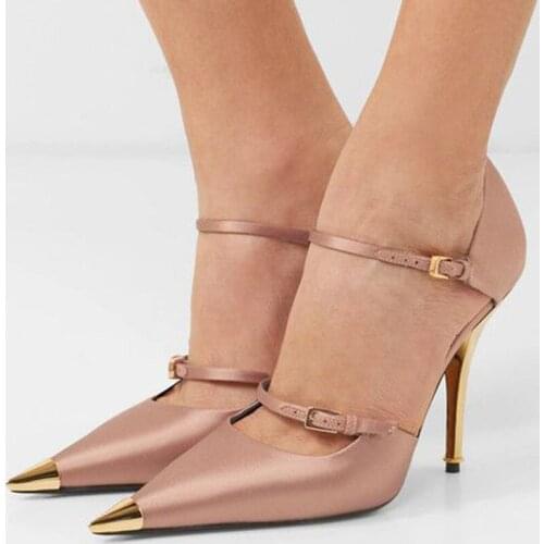 Pink Black Satin Cap Pointed Toe Stilettos Pumps Woman High Thin Heels Buckle Strap Large Size 32 34 Ladies Party Shoes Fashion