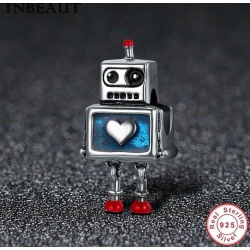 New DIY 925 Sterling Silver Heart Carved High Technology Cute Small Robot Charm Beads fit Trendy Bracelet for Women Anniversary