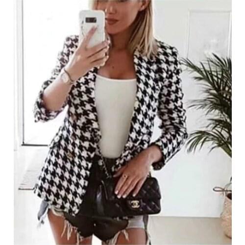Black and White Jackets Fashion Womens Wool & Blends Houndstooth Woolen Coat Slim Fit Womens Jacket Small Suit Sexy Streetwear