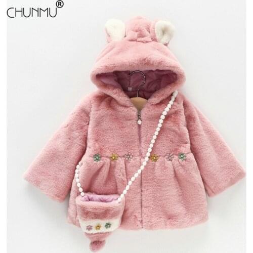 Winter Faux fur Baby Coats for Girls Warm Thicken Kids Outerwear Fashion Ears Hooded For Kids Jacket Children Outerwear
