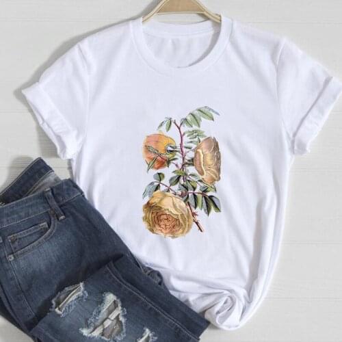Womens T-shirt Summer Floral Graphic O-Neck Tops Female Flower Print Short Sleeve Womens 90s Vintage Aesthetic Girls Tees