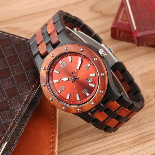 Red Sandalwood Watch Men Clock Man Vogue Embed Rivet Bezel Wood Watch Full Woody Band Calendar Quartz Analog Hour Clock Gifts
