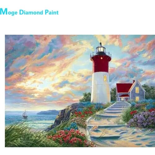 Lighthouse Sunset Beach Scenery Diamond Painting Round Full Drill Scenic Nouveaute DIY Mosaic Embroidery 5D Cross Stitch Gifts