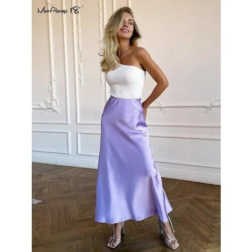 Mnealways 18 High Waisted Women Satin Skirts A-Line Zipper Ankle-Length Elegant Ladies Loose Long Skirt Female Summer Skirt 2021
